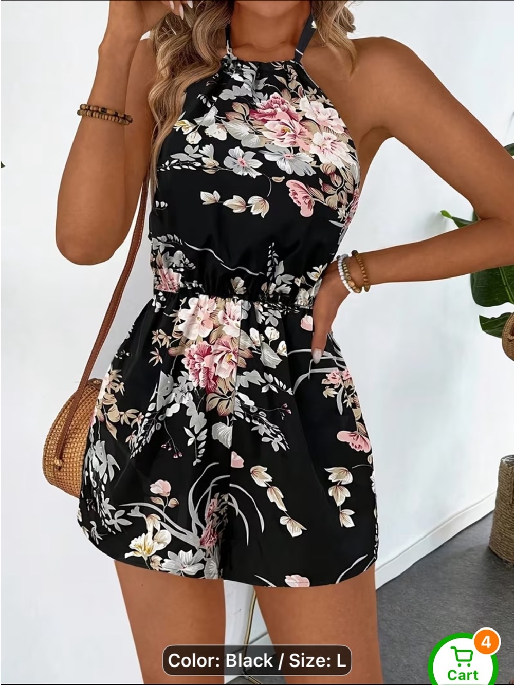Floral Halter Romper in Black and Pink